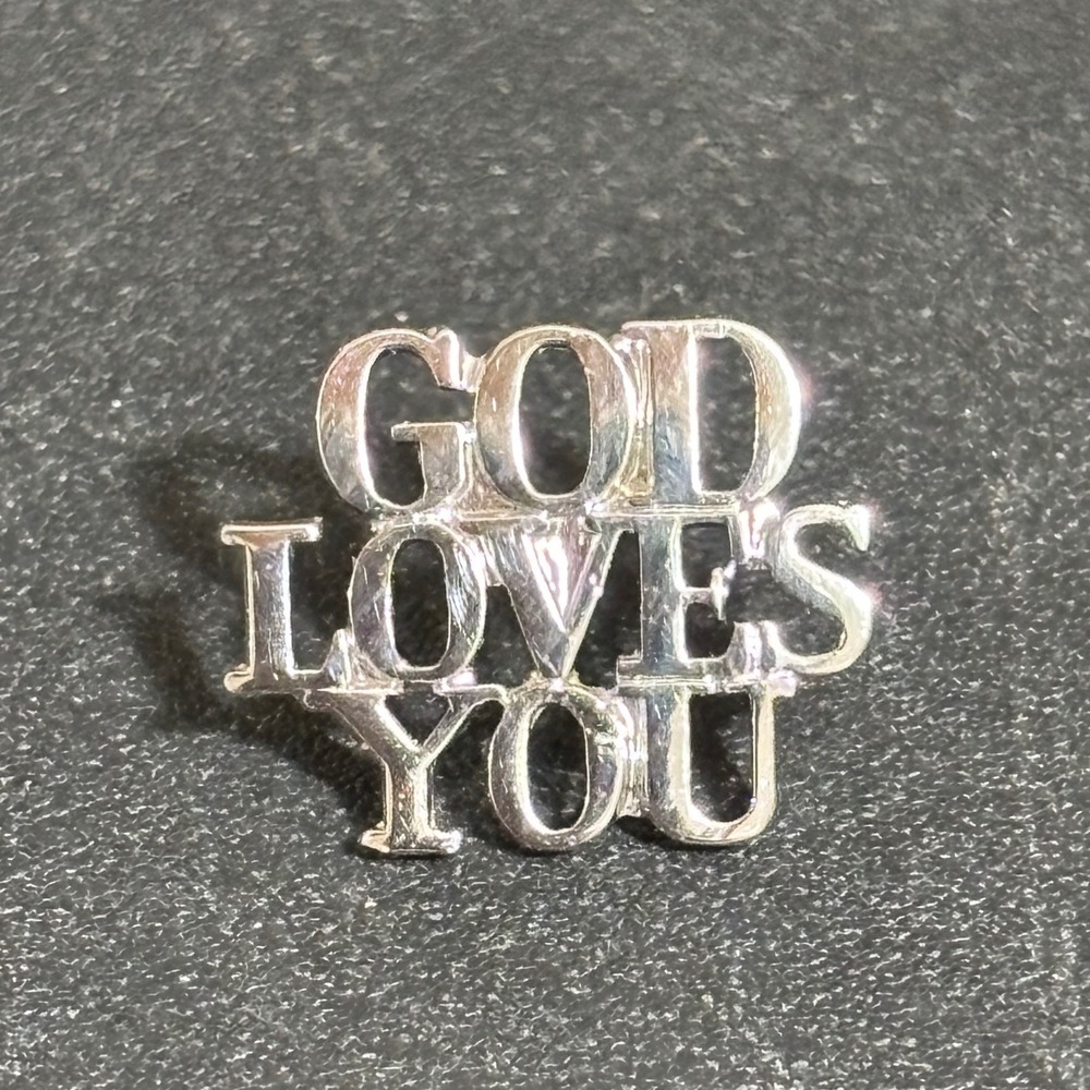 Tiffany & Co Sterling Silver "GOD LOVES YOU" Lapel Pin/Brooch 925 TCO3